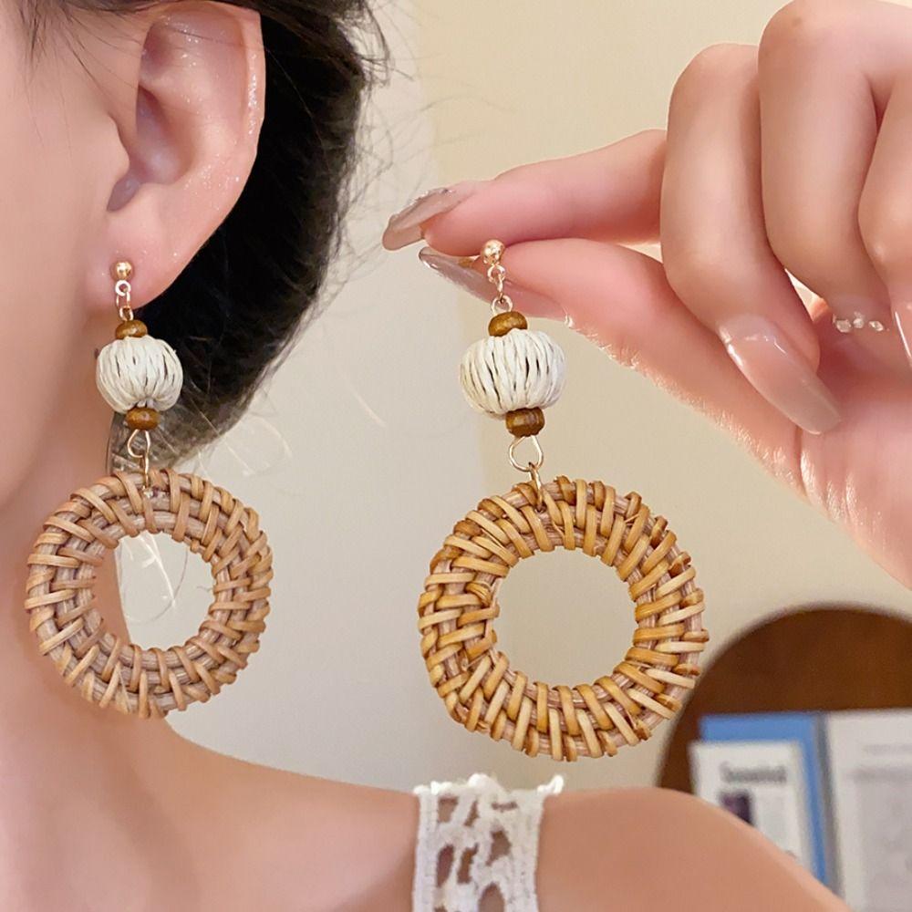 Wood Bohemian Drop Earrings Round Geometric Earrings Retro Rattan Weave Earrings  Party