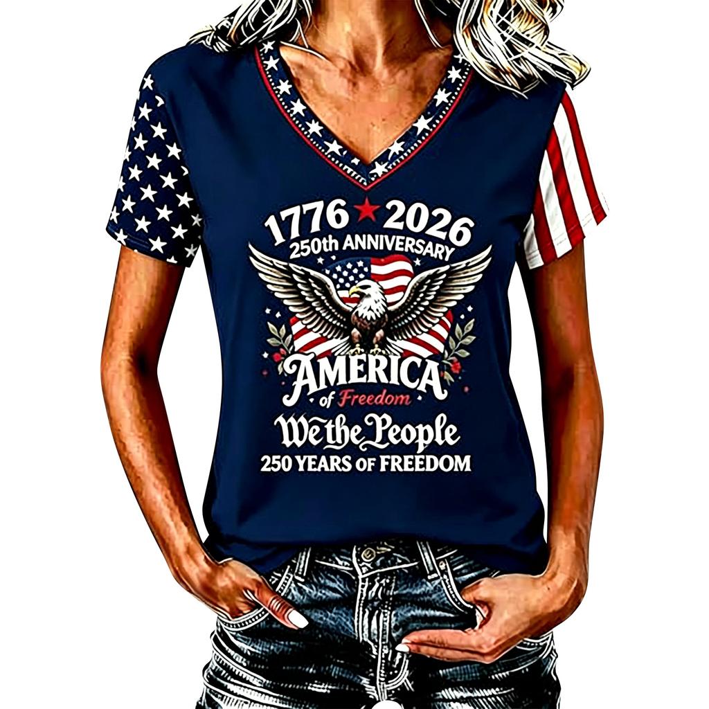 Women Casual V Neck Short Sleeve Pullover T Shirt Independence Day Graphic Top Lightweight Comfortable Fit