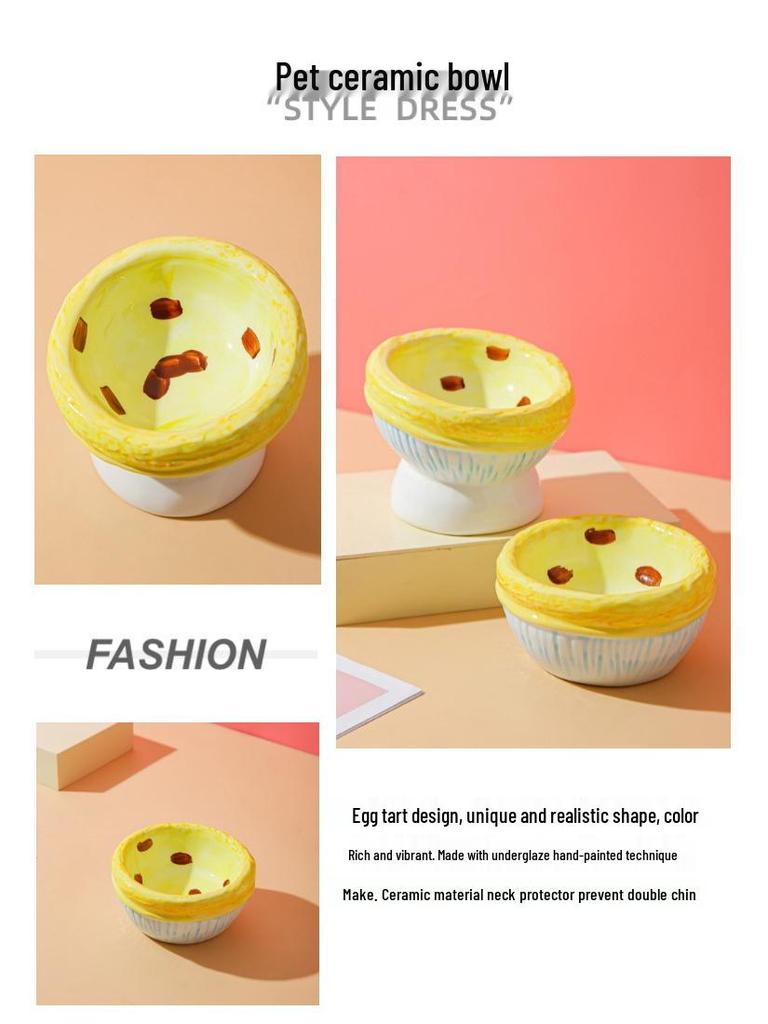 Hand-Painted High-Footed Egg Tart Cat Bowl - Anti-Tip Ceramic with Underglaze Color for Cervical Spine Protection.