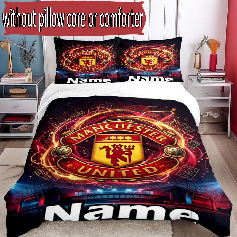 3pcs Duvet Cover Set (1*Duvet Cover + 2*Pillowcase, Without Core), Custom Name Manchester United Pattern Bedding Set, Home Bedroom Decor Gift