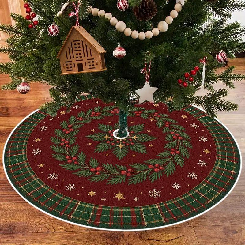 VIKAMA Christmas Tree Skirt Plaid Holly Berry Print Round Xmas Tree Mat Vintage Farmhouse Christmas Indoor Home Party Decor Rug