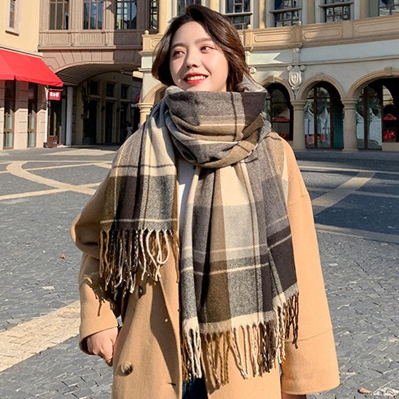 Plaid Scarf Women's Autumn and Winter Versatile Imitation Cashmere Thickened Warm Fringed Scarf Shawl