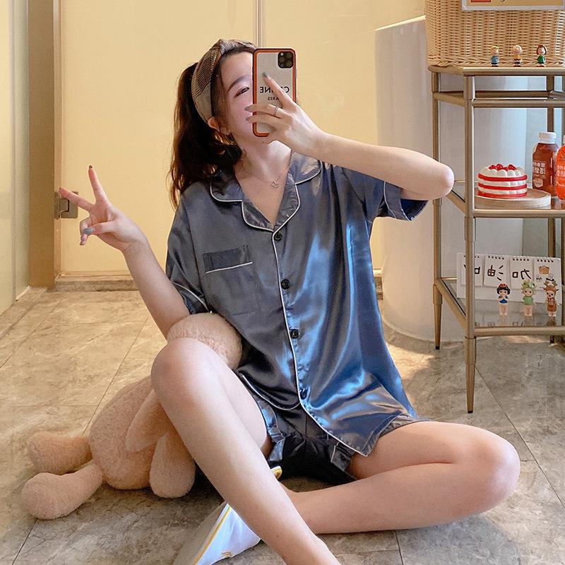 Летняя однотонная пижама женская свободная большого размера из ледяного шелка с короткими рукавами, двухсекционный тонкий костюм в японском стиле принцессы