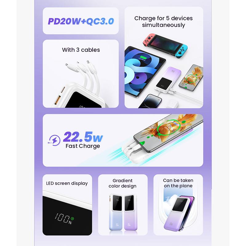 USAMS 10000mAh Power Bank 20W Type C PD Fast Charge Powerbank Portable Battery Charger Built-in Cables for iPhone 15 Redmi POCO