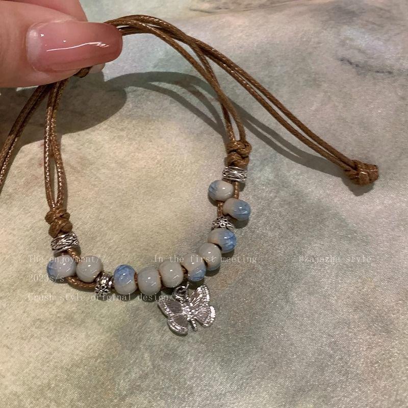 New Chinese-Style Butterfly Ceramic Beaded Woven Bracelet - Women's Summer 2023 Retro Ethnic Hand Jewelry