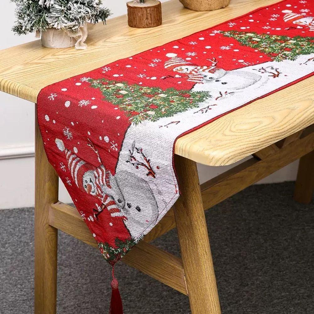 Long Christmas Table Runner Snowman Printed Xmas Desktop Decoration Santa Claus Tablecloth Banquet