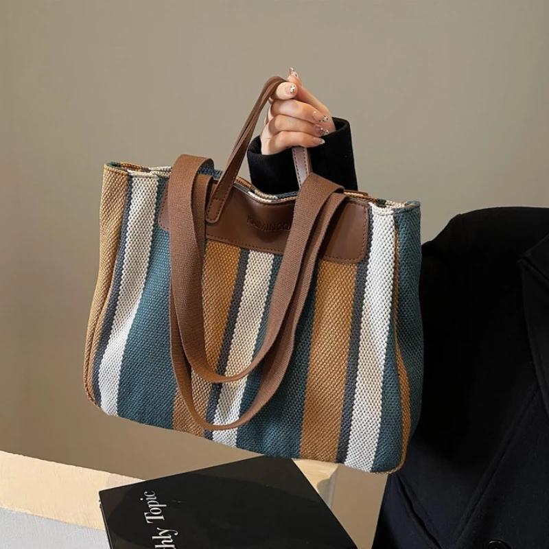 High Capacity Striped Canvas Sweet Bags for Women Standard Fashion Color Collision Commute Bag New Versatile Shoulder Bags