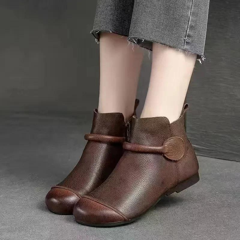 Retro Women Short Ankle Boots Autumn Winter Side Zipper Leather Boots Handmade Round Toe Light Weight Flat Booties