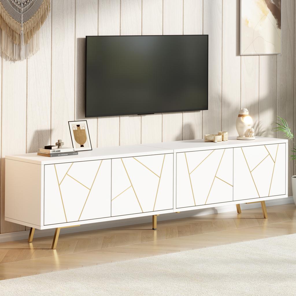 190 x 40 x 51.5 cm TV Cabinet with 4 Cabinet Doors, Lowboard with 5 Metal Legs, Suitable for TVs with approx. 85 Inch Screen Diagonal, White-Gold