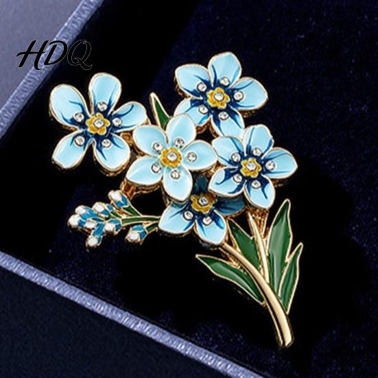 Gold Metal Lapel Pin Forget Me Not Flower Brooch Alloy Blue Floral Pin Memorial Enamel Artistic Clothing Accessory Brooch for Coat