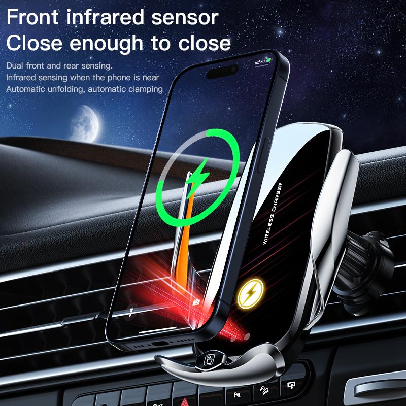 Stable and Anti Shake Car Phone Holder Wireless Fast Charging Car Phone Holder 360 ° Infrared Sensing Air Outlet Phone Holder T2