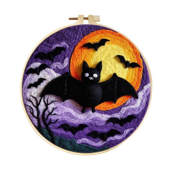 Halloween Needle Felting Kit Beginner Felt Craft Set DIY Felt Painting with Faux Wool Needle Frame Stamped Fabric for Adults Handcraft Lovers