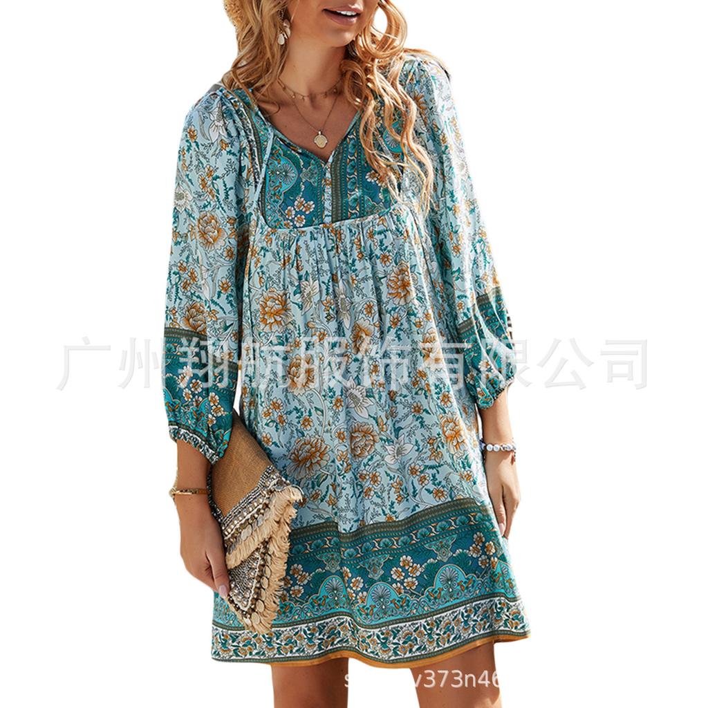 Весеннее горячее женское платье с принтом в стиле бохо с длинными рукавами, V-образным вырезом, шнуровкой, платья А-силуэта