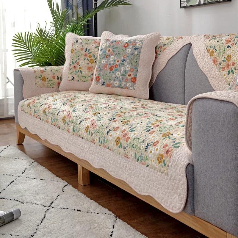 Flowers Four Seasons Cotton Sofa Cushion Little Fresh Pastoral Printed Sofa Blanket Simple Small Floral Sofa Cushion Towels