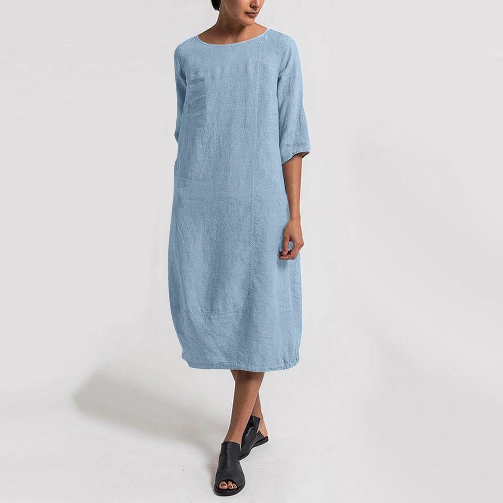 Women's Casual Loose Cotton Linen Mid Sleeve Round Neck Large Size Dress