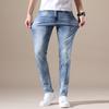 Men High Quality Stretch Light Blue Denim Fashion Pleated Retro Pocket Skinny Trousers Pants 28-40