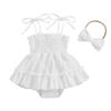 Baby Girls Summer Romper Dress Solid Color Sleeveless Adjustable Shoulder Strap Romper with Headband