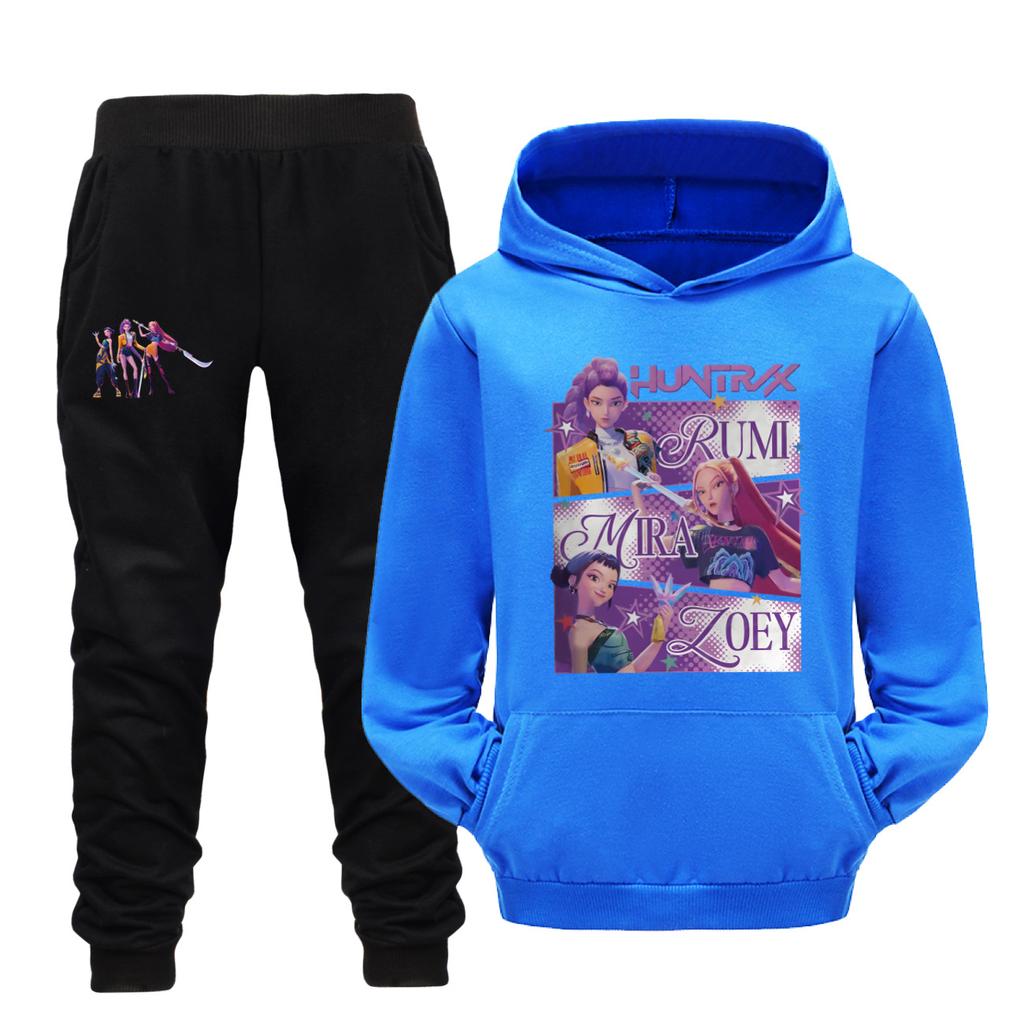 Kpop Охотники на демонов Детский спортивный костюм Мультяшный Осенняя мода Худи для мальчиков с карманом + Комплект брюк Спортивный костюм для девочек Детский