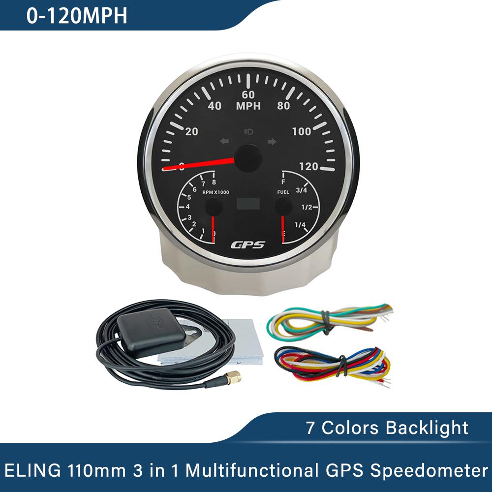ELING 110mm 3 in 1 Multifunctional 0-120MPH GPS Speedometer with 0-8000RPM Tachometer Fuel Level 7 Colors Backlight for Car Boat