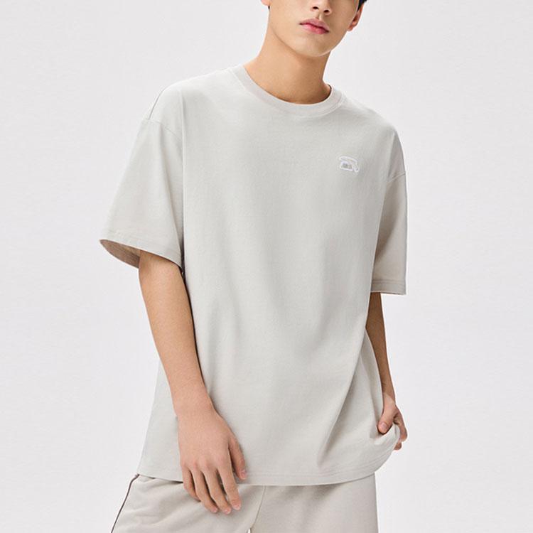 Anta Пуловер с круглым вырезом и узором логотипа, свободная футболка с короткими рукавами, топы унисекс, бежевый 972328113-2