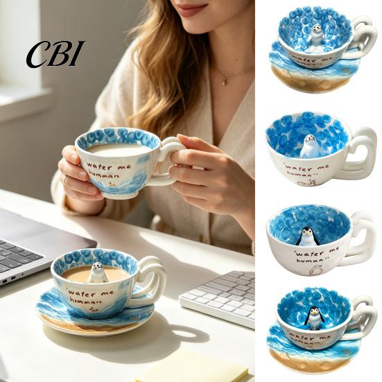 Handcrafted Pottery Mug for Home Cute Ceramic with 3D Seal/Penguin Figurine Inside, Blue Ocean Unique Animal Gift Seal Lovers Themed Coffee