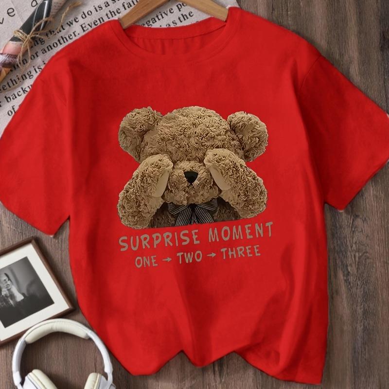 Kids Crewneck Short Sleeve Tee, Cute Bear Covering Face Print Summer Casual Top