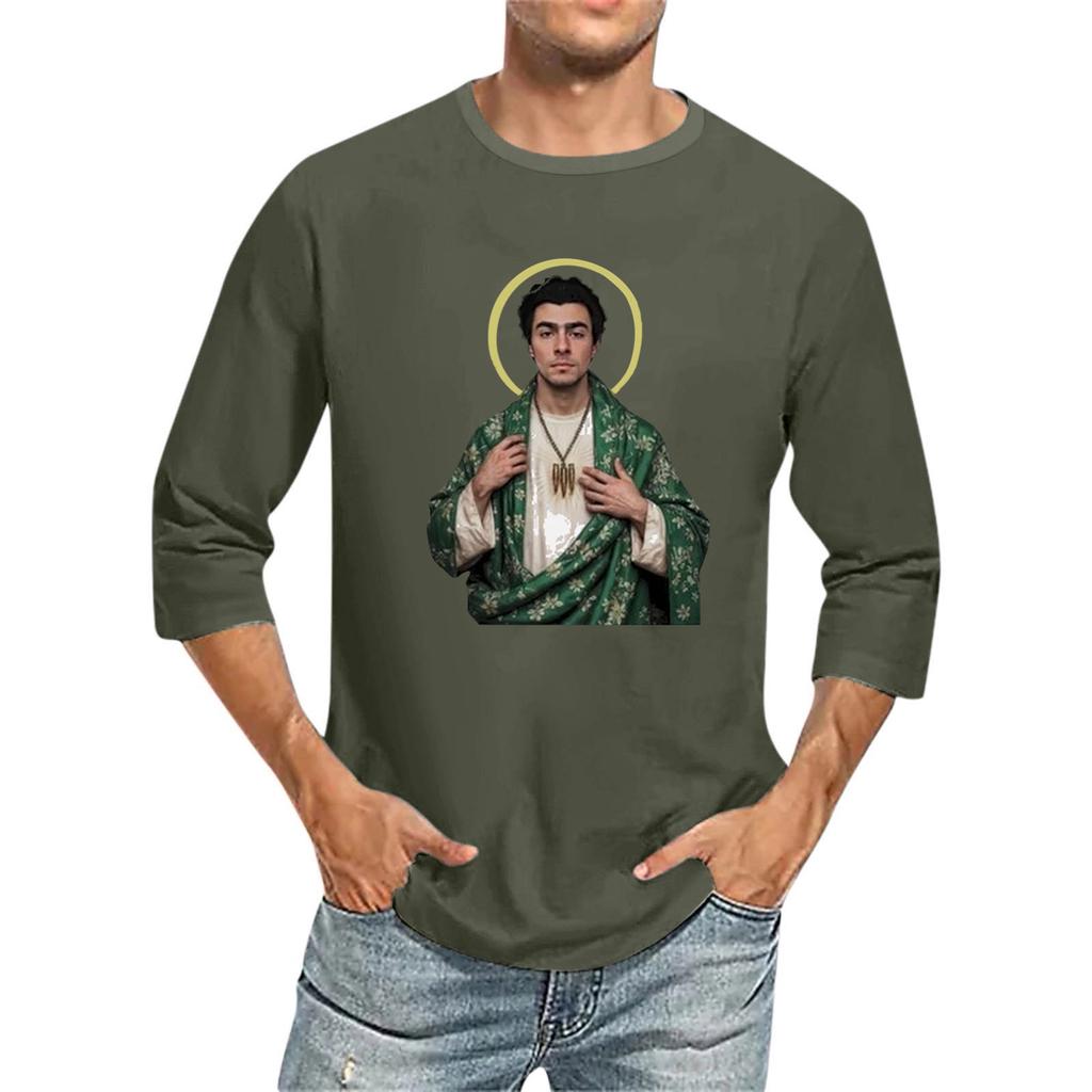 Мужская футболка с круглым вырезом и рукавом семь четвертей, мужская повседневная свободная футболка с рукавом семь четвертей