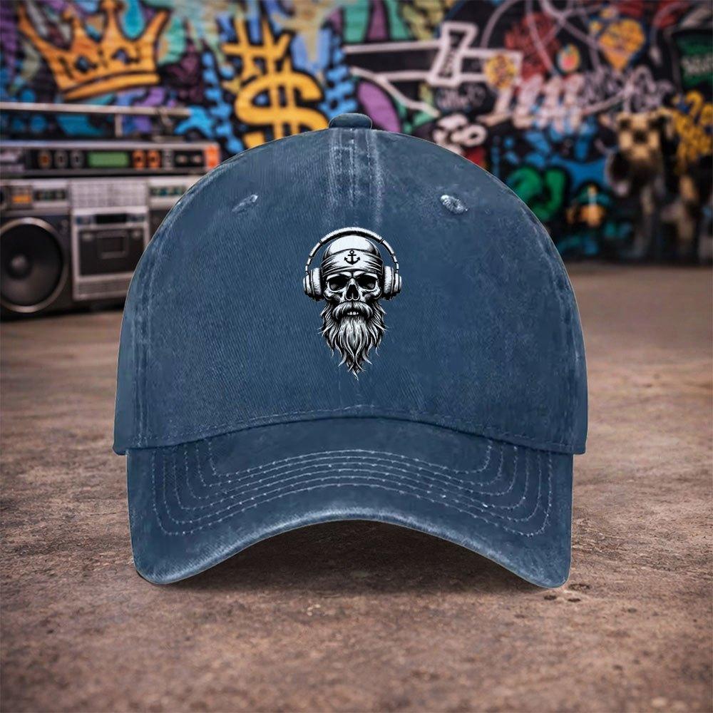 pc Unisex HeadphoneWearing Anchor Graphic Skull Vintage Washed Baseball Cap  Unisexs Trendy Hat  Versatile Duckbill Cap  Fun