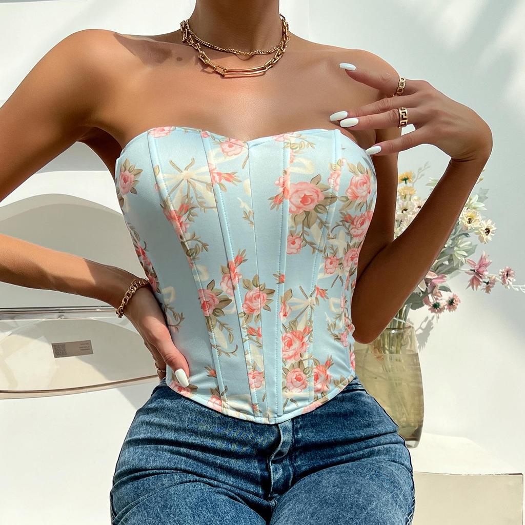 French Chic Sexy Floral Printing Bra Female Camis Diamond Fishbone Spicy Girl Tank Sleeveless Crop Top Women Clothes