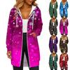 Women's Fashionable Christmas Printed Long Sleeved Drawstring Hooded Zipper Pocket Long Casual Sweatshirt Jacket