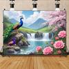 2D plane, 1 piece: A peacock is standing on the mountain beneath a waterfall. Suitable for festivals, parties, and birthdays.
