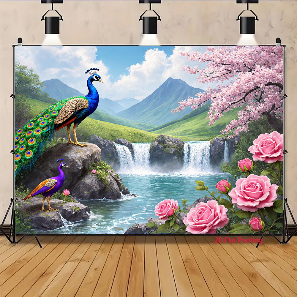 2D plane, 1 piece: A peacock is standing on the mountain beneath a waterfall. Suitable for festivals, parties, and birthdays.