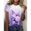 Women's T-Shirt Purple Flowers Print Summer Casual Round Neck Short Sleeve Top Outdoor Fashion Female Oversized T-shirts