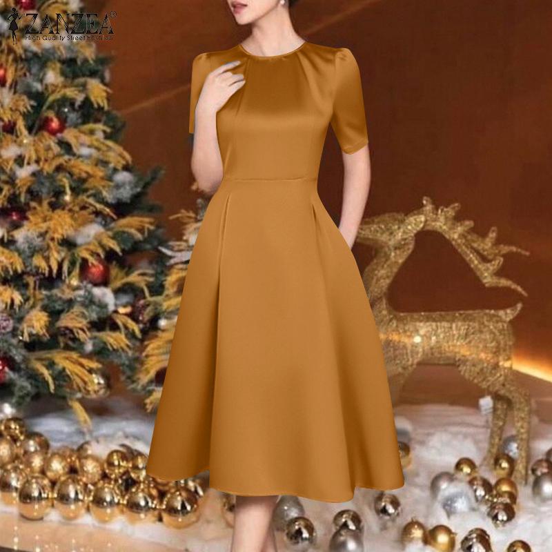 ZANZEA Женское повседневное летнее платье А-силуэта с круглым вырезом и коротким рукавом