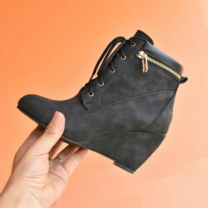 Зимние женские зимние ботинки с круглым носком на шнуровке повседневные ботильоны на танкетке для женщин обувь на высоком каблуке женские мотоциклетные ботинки большого размера