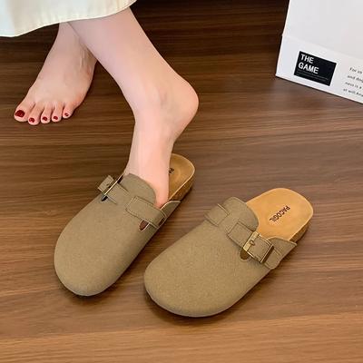 2024 Новые модные универсальные тапочки с круглым носком и плоским дном, удобные, с пряжкой, декоративные женские тапочки на плоском каблуке, горячая распродажа Zapatos