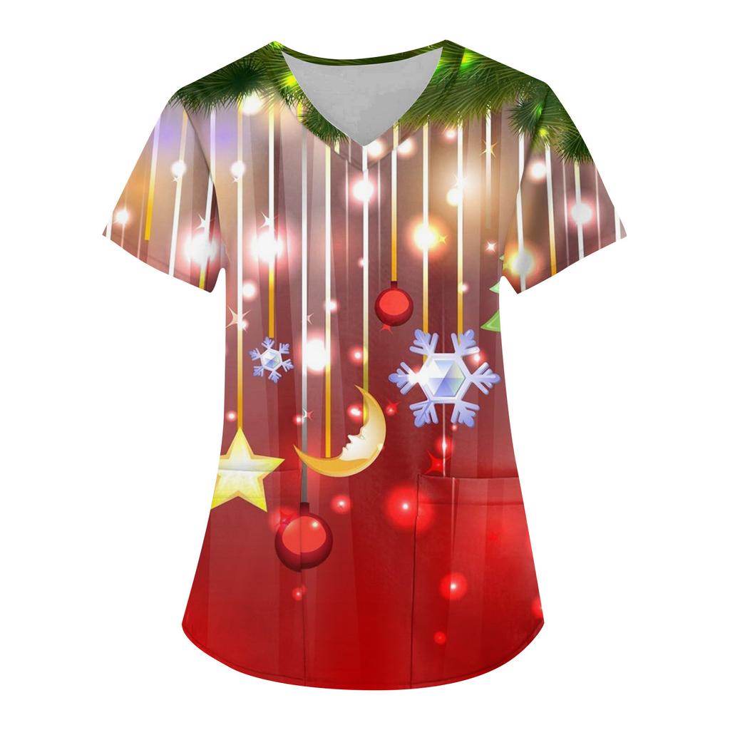 Women's Fashion V-neck Short Sleeve Workwear With Pockets Christmas Printed Tops