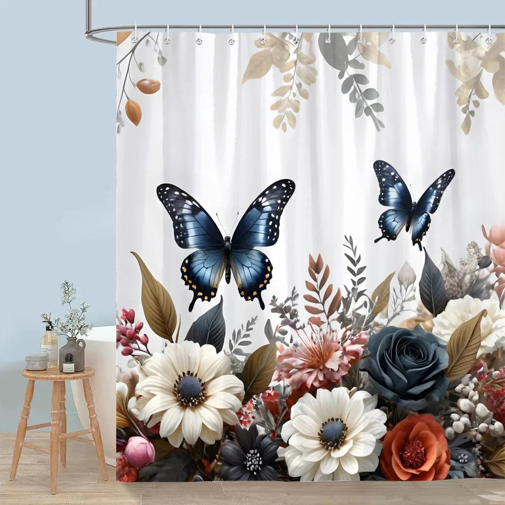 Красивая Цветочная Шторка для Душа Цветущий Цветок Бабочка Лотос Полиэстеровая Ткань Домашние Шторки для Душа Декор для Ванной Комнаты С Крючками