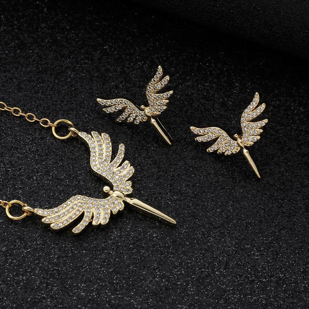 Angel Wings Zircon Bridal Jewelry Set: Necklace & Earrings