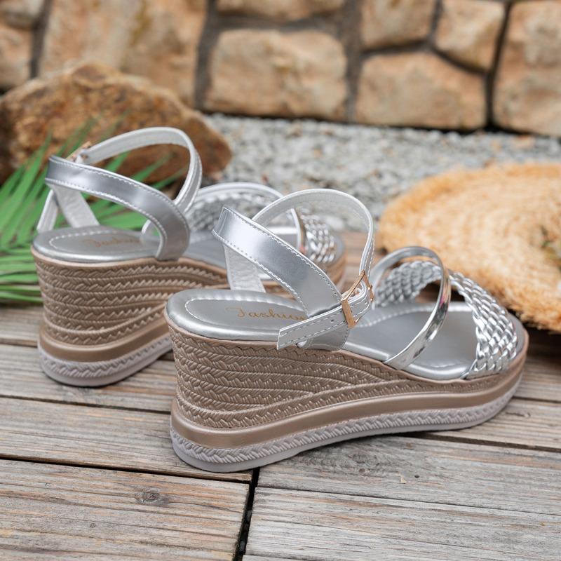 Плетеные сандалии-клинья для женщин Легкие сандалии на платформе с ремешком и пряжкой Женские летние сандалии с толстой подошвой Пляжные сандалии Mujer