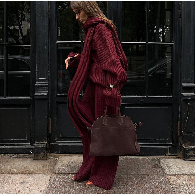 Свободные трикотажные женские комплекты с V-образным вырезом, длинным рукавом, шарфом, пуловером, длинными брюками, трикотажный женский костюм, осенне-зимние повседневные женские костюмы