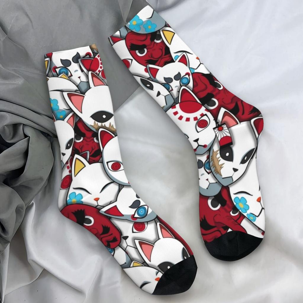 Носки с масками демонов, весенние чулки с принтом аниме, кавайные мужские носки высокого качества, графические велосипедные противоскользящие носки