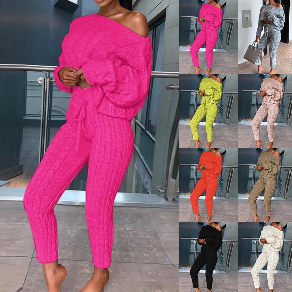 Осенний женский повседневный вязаный комплект, сексуальный комплект из двух предметов, свитер с длинными рукавами, короткий пуловер, укороченный топ, комплект с длинными штанами на завязках