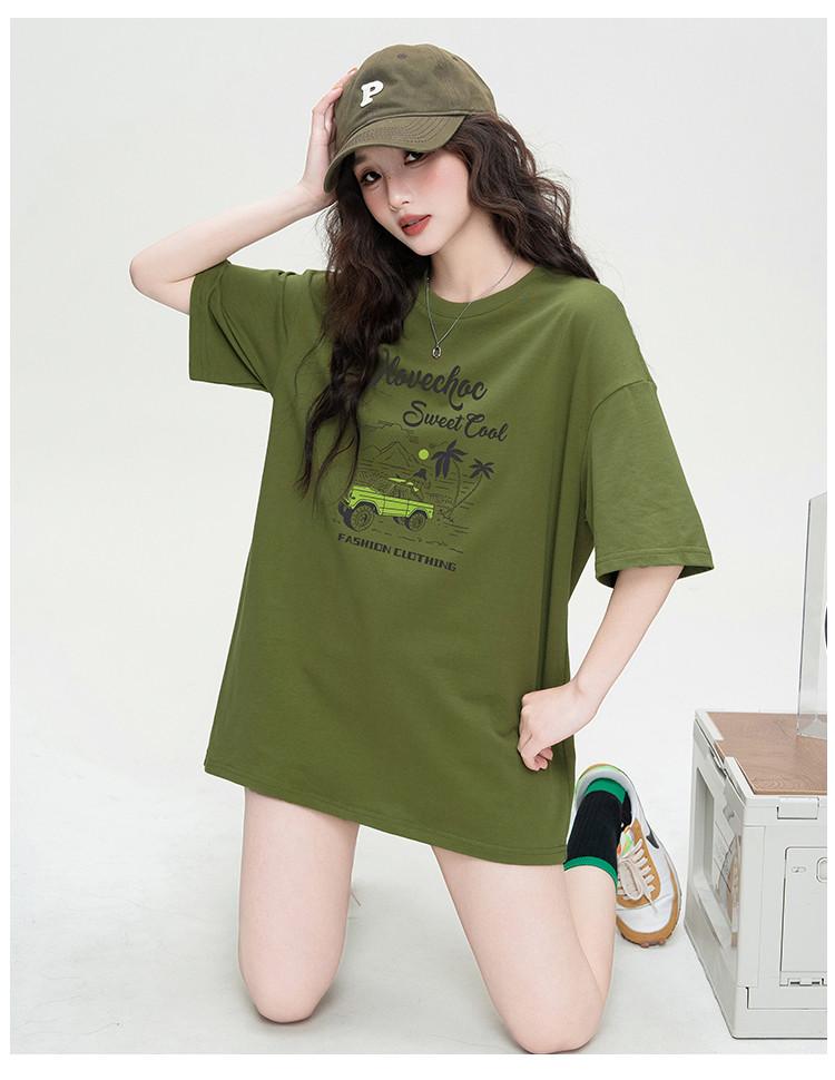 Fashion landscape printed short sleeved round neck T-shirt 2025 summer mid to long loose solid color top