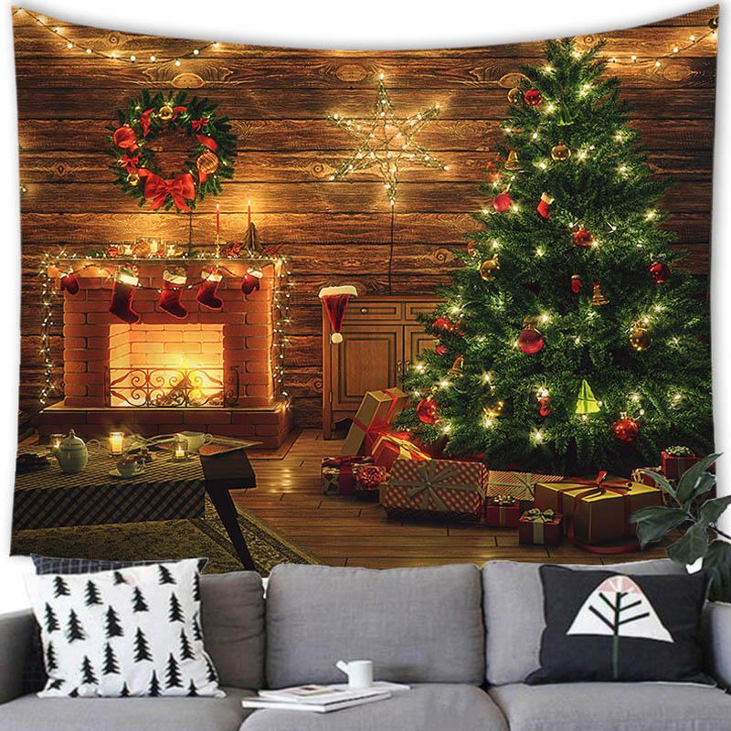 Merry Christmas Christmas Tree Fireplace Printed Pattern Tapestry Home Living Room Bedroom Background Wall Decoration Tapestry
