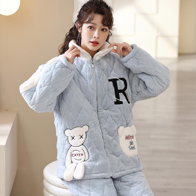 Коралловая бархатная трехслойная стеганая куртка и пижама для женщин Зимний фланелевой домашний костюм с очень толстой теплой молнией и бархатом