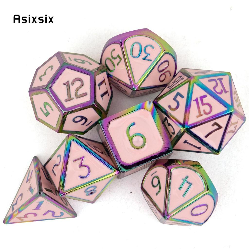 7 Pcs Pink Colorful Standard Metal Dice Solid Metal Polyhedral Dice Set Suitable for Role-Playing RPG  Board Game Card Game