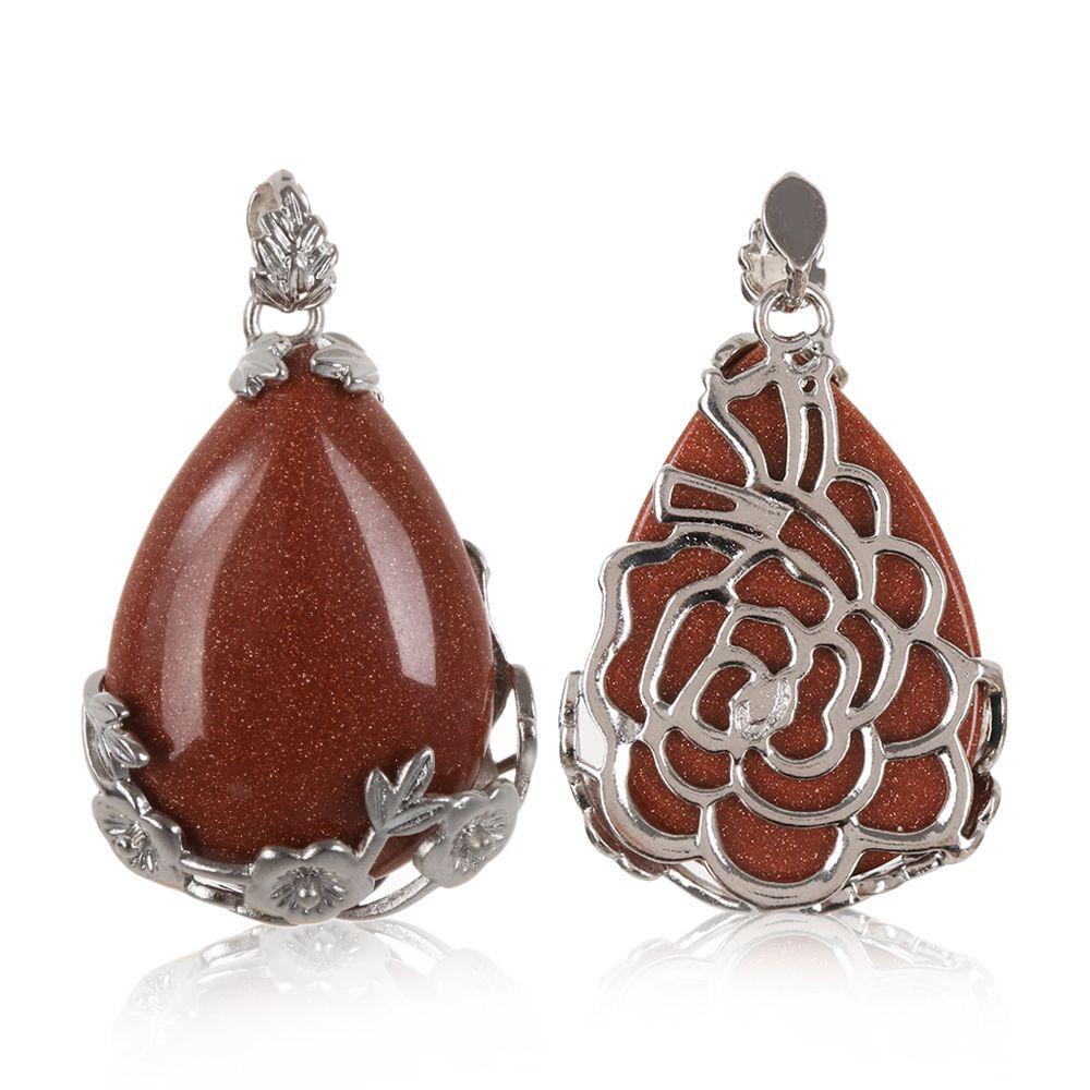 Inlaid Flower Water Drop Gemstone Natural Quartz Necklaces Pendants Opal Turquoise Amethyst Agate