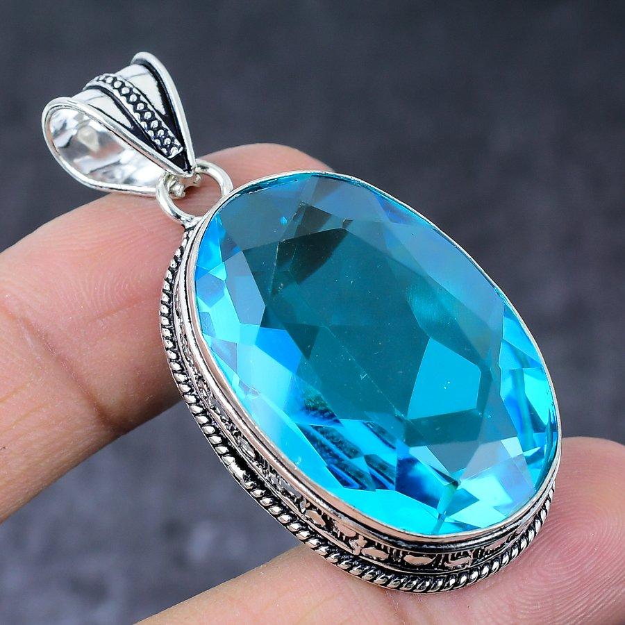 Natural Swiss Blue Topaz Handmade 925 Sterling Silver Jewelry Pendant 2.17" V4c72