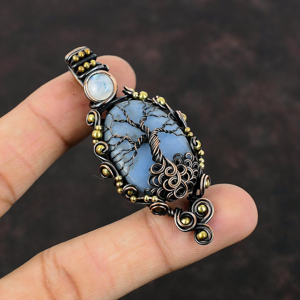 Подвеска «Древо жизни» Ангелит, медная проволочная обертка, подвеска «Радуга» Лунный камень, подвеска ручной работы из драгоценных камней, подарок для матери, медные украшения